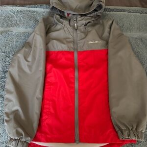 Eddie Bauer Red and Gray Raincoat with Hood and Water-Resistant Material